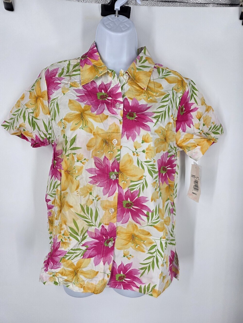 Victoria Jones Vintage Tropical Floral Button Up Shirt Small Pink Yellow Cotton